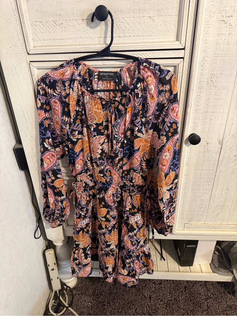 MINKPINK Black Paisley Long Sleeve Smock Dress with Pink and Gold Accents